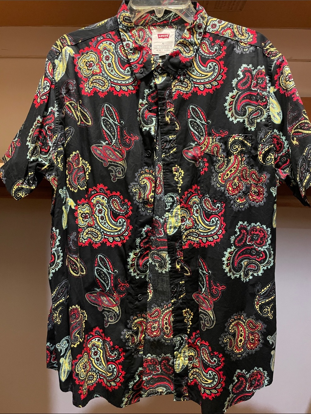 Levi's Black Paisley Short-Sleeve Button-Down Shirt with Red and Yellow Accents